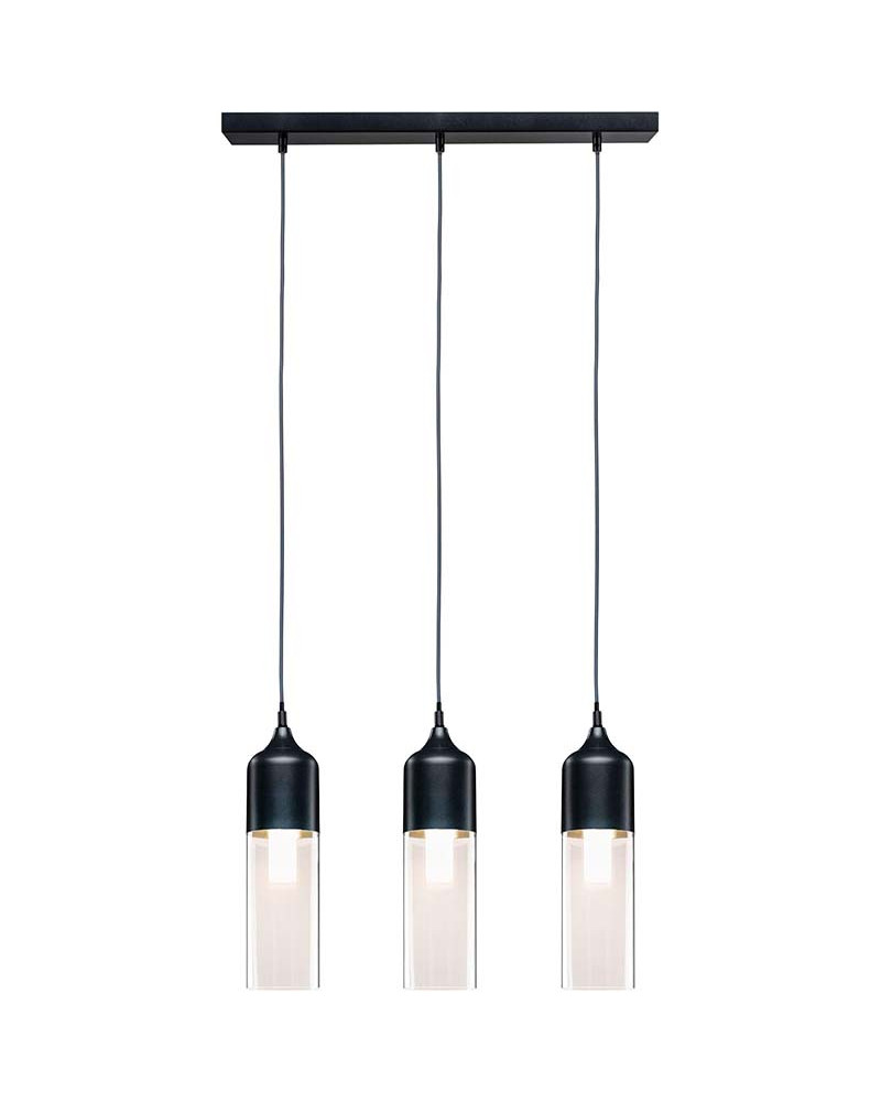 Lámpara 3 colgantes en metal negro y cristal 3x20W E27