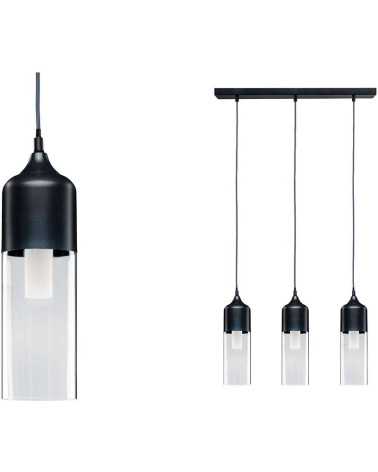 Lámpara 3 colgantes en metal negro y cristal 3x20W E27