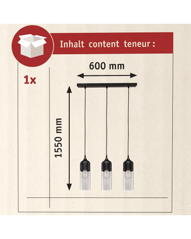 Lámpara 3 colgantes en metal negro y cristal 3x20W E27