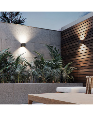 Outdoor wall light with battery, 10cm, top and bottom LED 6W, aluminum with presence sensor, white/black corten
