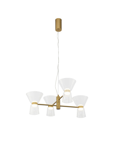 Lámpara colgante dorada y cuatro tulipas de cristal LED 24W 3000K diseño mid-century moderno