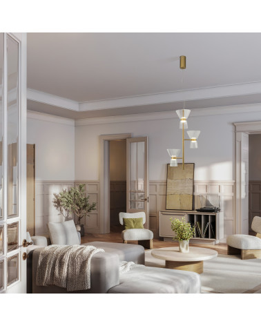 Gold pendant lamp with triple glass shade, 18W LED 3000K, modern mid-century design