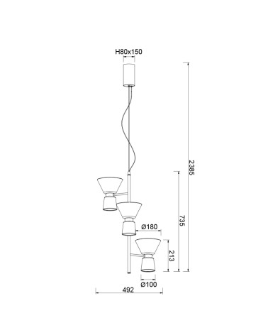 Gold pendant lamp with triple glass shade, 18W LED 3000K, modern mid-century design