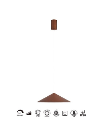 Lámpara colgante LED 10W 3000K TRIAC plato en forma de cono y acabado cobre
