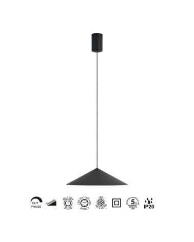 Lámpara colgante LED 10W 3000K TRIAC plato en forma de cono y acabado negro