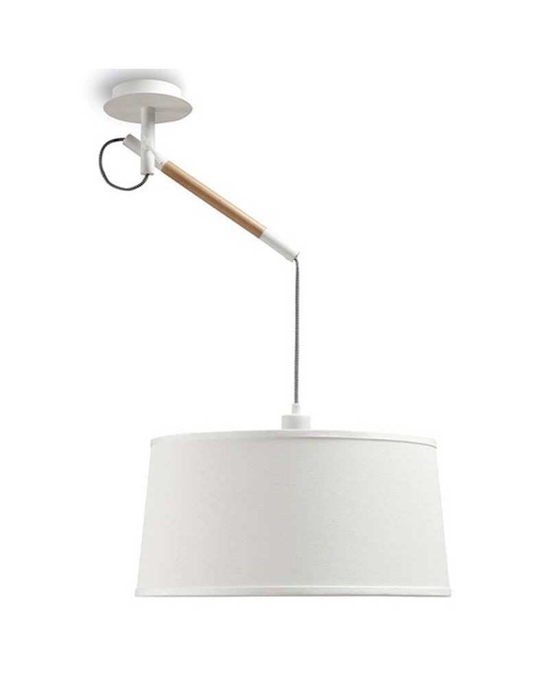Modern ceiling lamp 1xE27 20W adjustable height with white fabric shade and wooden detail