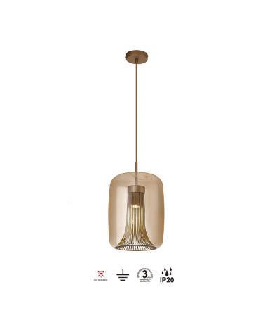 Lámpara colgante estilizada 1xGU10 máx. 12W tulipa cilíndrica cristal tintado acabado oro