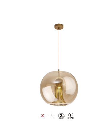 Stylish pendant lamp 1xGU10 max. 12W spherical tinted glass shade with gold finish
