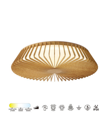 Plafón de techo LED 80W jaula Ø63cm 2700K 4000K 5000K Regulable con mando y app móvil acabado Madera