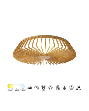Plafón de techo LED 56W jaula Ø53cm 2700K 4000K 5000K Regulable con mando y app móvil acabado Madera