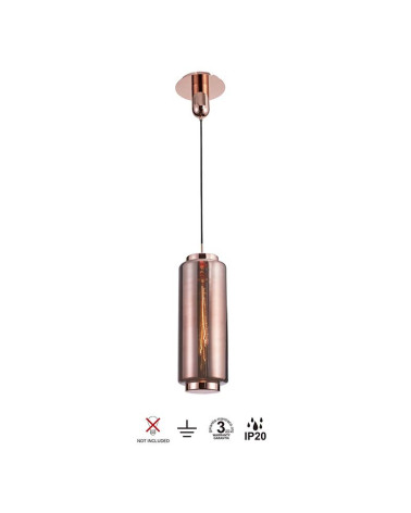 Lámpara de techo Ø18x54cm estilo retro-vintage 1xE27 máx.20W con cristal alargado translucido acabado cobre