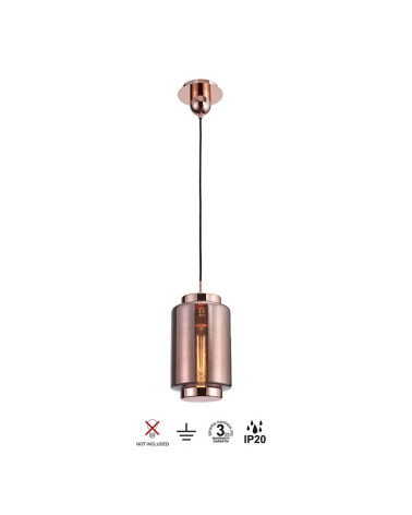 Lámpara de techo Ø18x35cm estilo retro-vintage 1xE27 máx.20W con cristal cilidrico ahumado acabado cobre