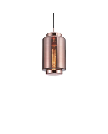 Lámpara de techo Ø18x35cm estilo retro-vintage 1xE27 máx.20W con cristal cilidrico ahumado acabado cobre