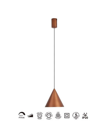10W 3000K LED ceiling light, copper finish, with conical shade and TRIAC dimming