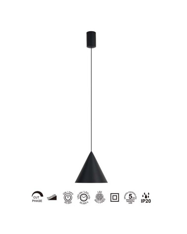 Lámpara de techo LED 10W 3000K acabado negro con tulipa cónica y regulación TRIAC