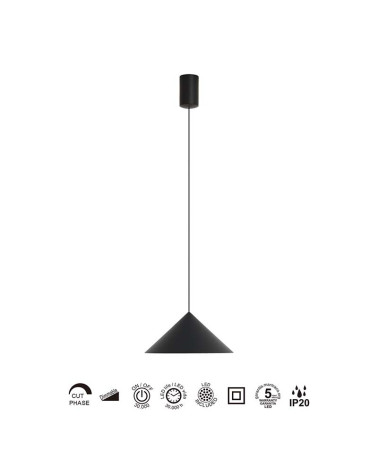 Lámpara colgante LED 10W 3000K regulable acabado negro con tulipa cónica 24cm