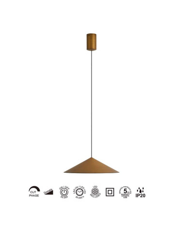 Lámpara colgante LED 10W 3000K TRIAC plato en forma de cono y acabado cuero