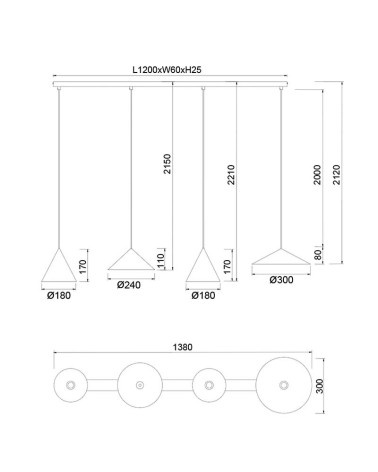 Lámpara de techo lineal LED 20W combina diferentes tulipas cónicas 3000K regulable TRIAC