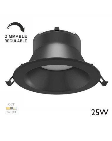 Aro downlight LED 25W negro redondo policarbonato empotrable 23cm CCT Switch Regulable