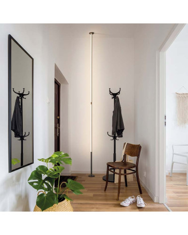 Designer LED lamp, 36W rigid rotating column, floor to ceiling, 3000K dimmable, and available in white or black finish