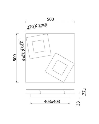 Gold ceiling light 50x50cm LED 48W 3000K with floating squares in white, black or corten