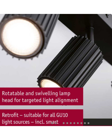 Lámpara de techo 3 focos máx 3x10W GU10 Negro 230V Metal