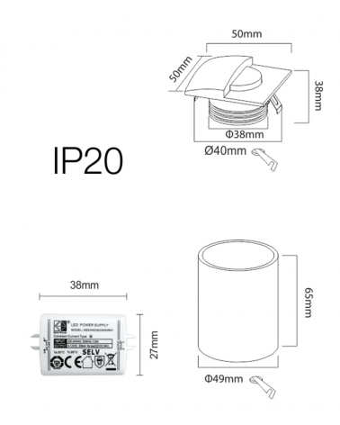 5cm square white aluminum interior marker with semicircle LED 2W 3000K 60 Lm.