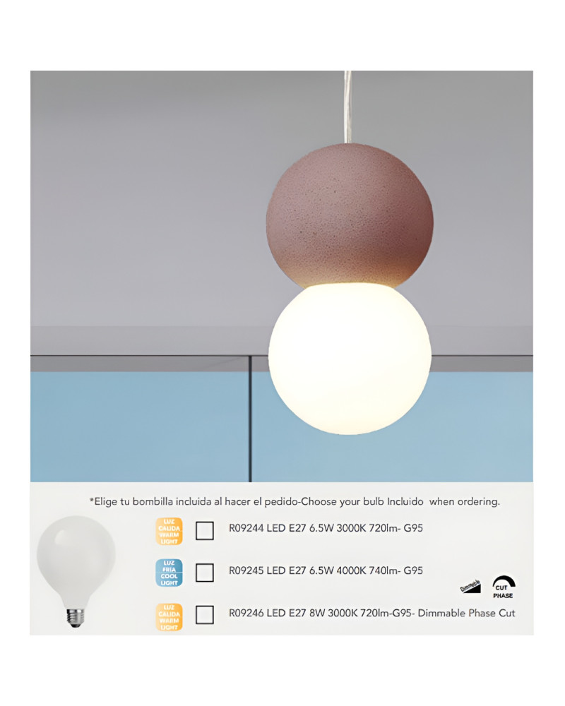 Red LED E27 spherical pendant lamp, minimalist design with 3000K, 4000K or 3000K dimmable bulb