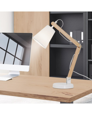 Flexo blanco y madera 1 X 60W E-14 estilo foco vintage orientable con pantalla tela