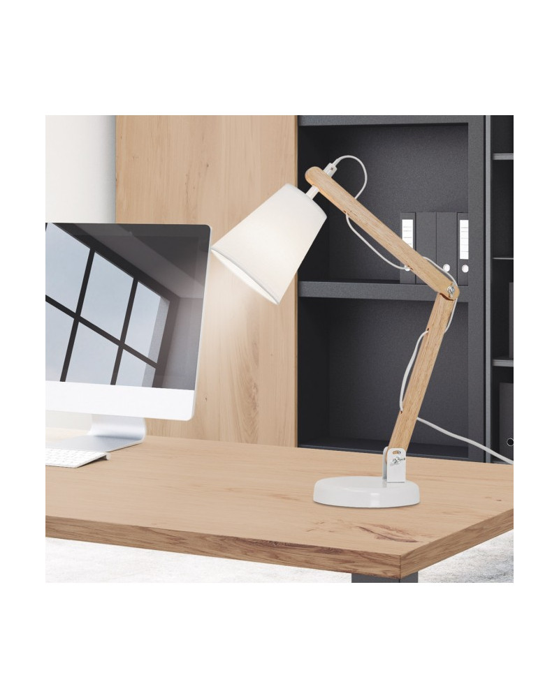 Flexo blanco y madera 1 X 60W E-14 estilo foco vintage orientable con pantalla tela