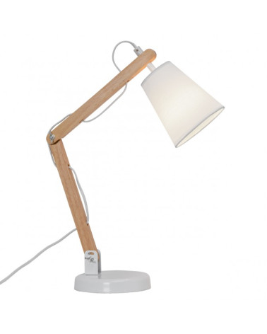 White and wood articulable lamp, 1 x 60W E-14, vintage style, adjustable spotlight with fabric shade