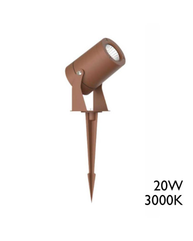 20W LED outdoor spike, IP65, corten finish, 38cm, aluminum, cylindrical shape, 18º, 3000K