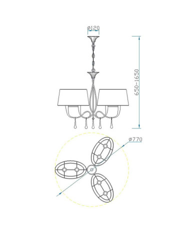Classic pendant lamp Ø77cm gold paint 6xE14 max 20W with triple oval cream-colored shade