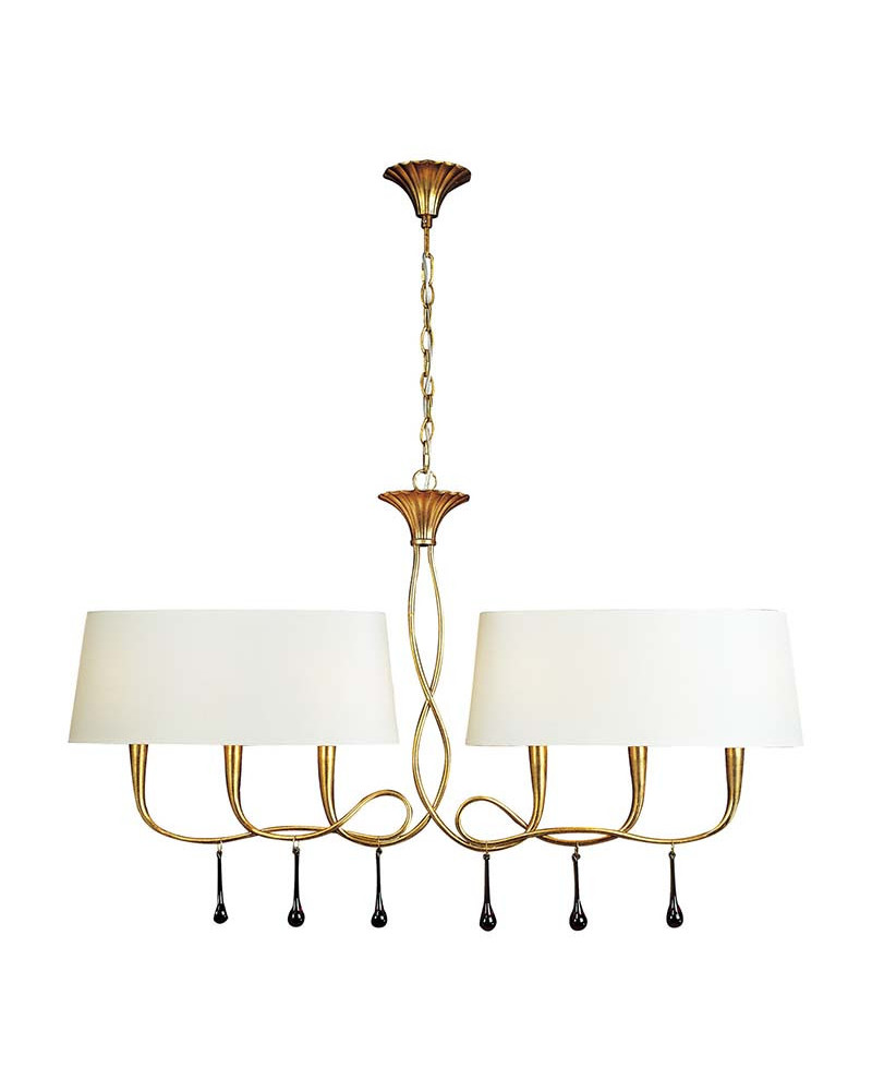 Classic elongated pendant lamp 6xE14 max 20W gold paint with double oval cream-colored shade