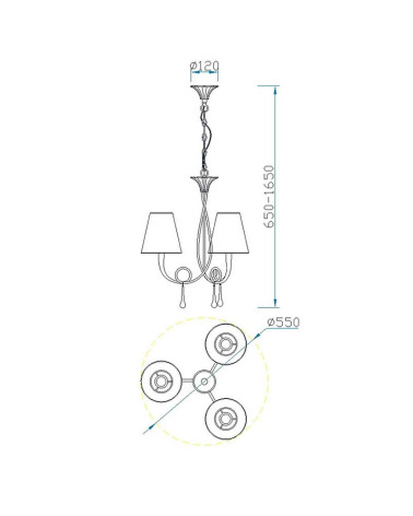 Classic pendant lamp Ø55cm with 3 lights, gold paint finish, cream shades, E14 max 20W
