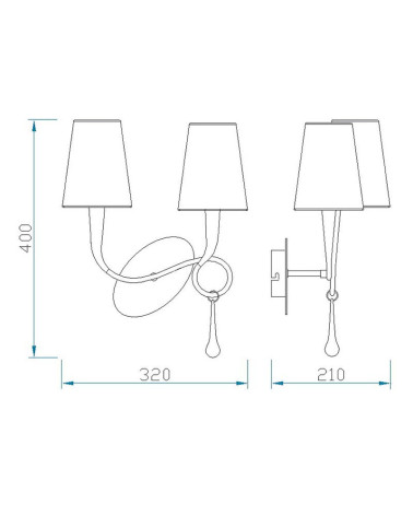 Classic 2-light wall sconce with gold paint and cream shades, E14 max 20W
