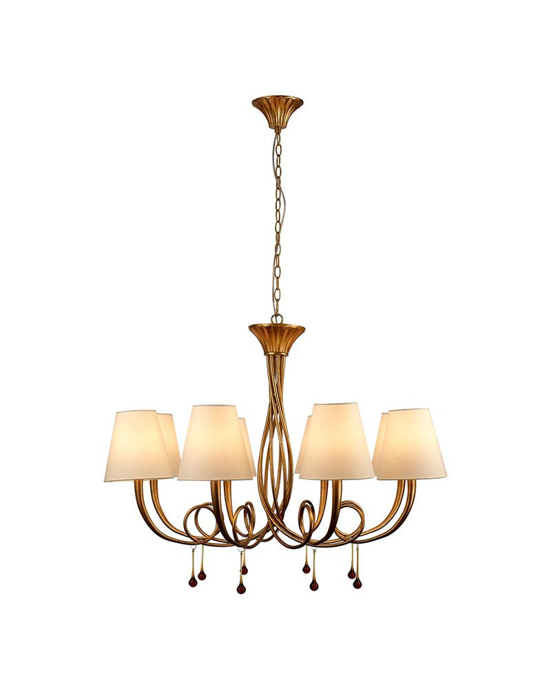 Lámpara colgante clásica Ø95cm de 8 luces E14 máx 20W acabado oro con pantallas crema