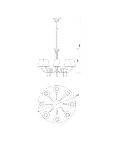 Classic pendant lamp Ø95cm with 8 lights E14 max 20W, gold finish with cream shades