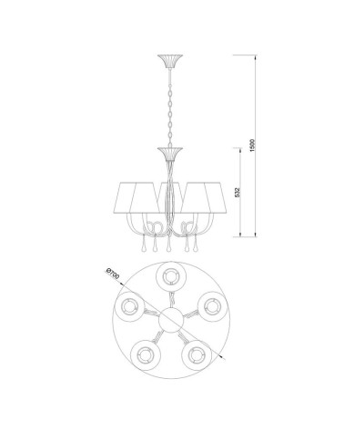 Classic pendant lamp Ø70cm with 5 lights E14 max 20W, gold finish with cream shades