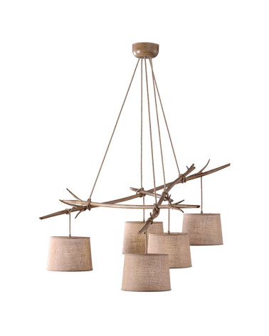 Lámpara colgante rústica 5xE27 max 20W imitación madera con 5 pantallasde tela