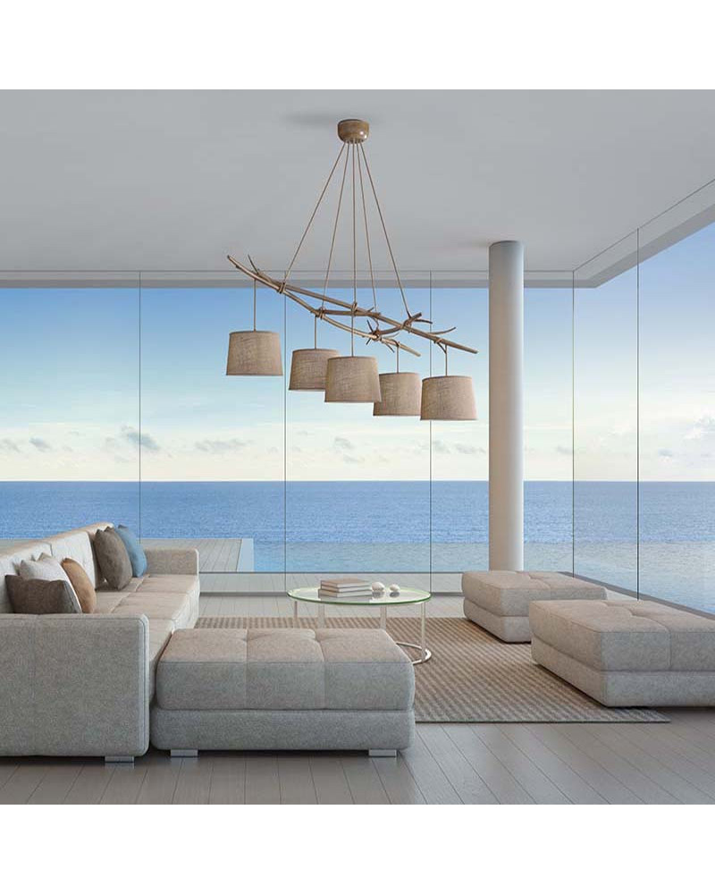 Rustic pendant lamp 5xE27 max 20W wood imitation with 5 fabric shades