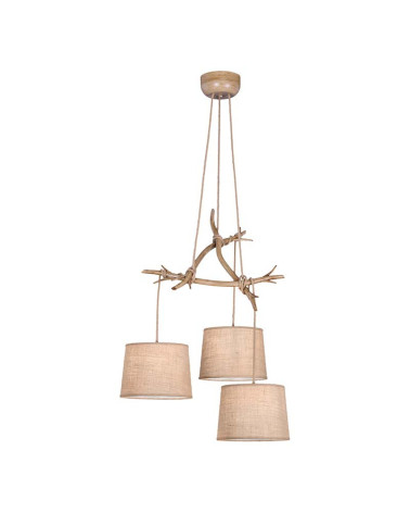Rustic pendant lamp 3xE27 max 20W wood imitation with 3 fabric shades
