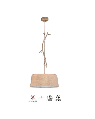 Rustic pendant lamp Ø60cm 1xE27 max 20W wood imitation with fabric shade