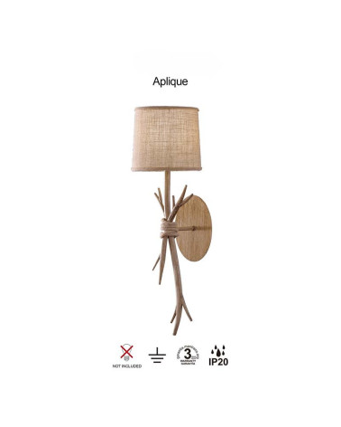 Aplique de pared rústico de 1 luz E27 max 20W imitación madera con pantalla textil