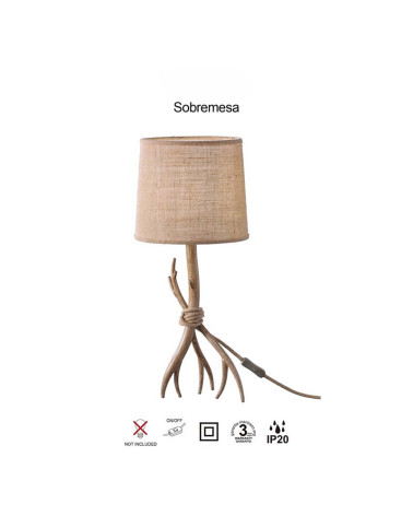 Lámpara de sobremesa rústica de 1 luz E27 max 20W imitación madera con pantalla textil
