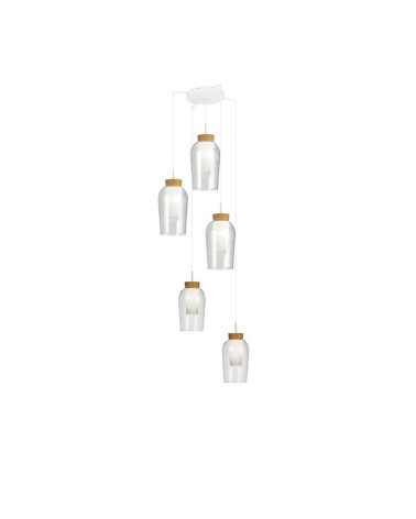 Ceiling lamp with 5 E27 max. 20W glass shades in white or gold finish with wood or marble details
