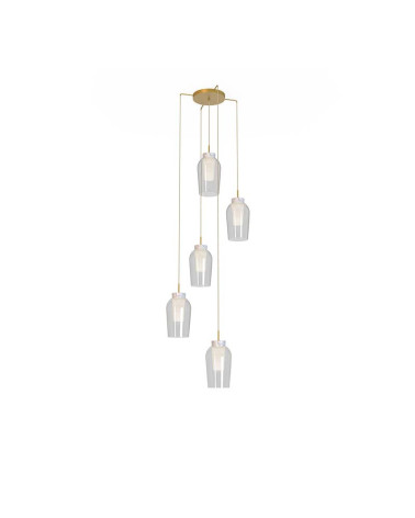 Ceiling lamp with 5 E27 max. 20W glass shades in white or gold finish with wood or marble details