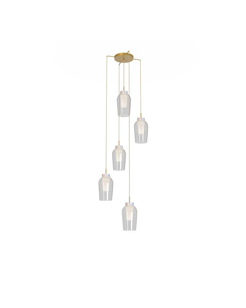 Ceiling lamp with 5 E27 max. 20W glass shades in white or gold finish with wood or marble details