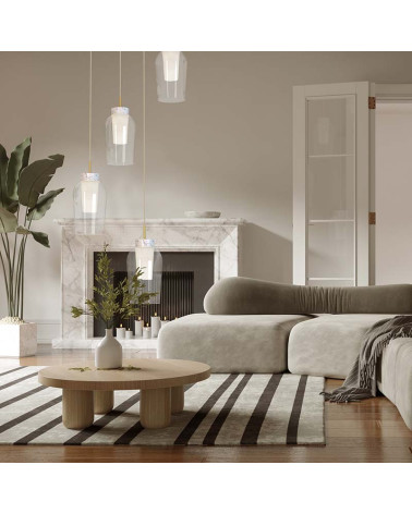 Lámpara de techo con 5 tulipas de cristal E27 max. 20W en acabado blanco o dorado con detalles en madera o mármol