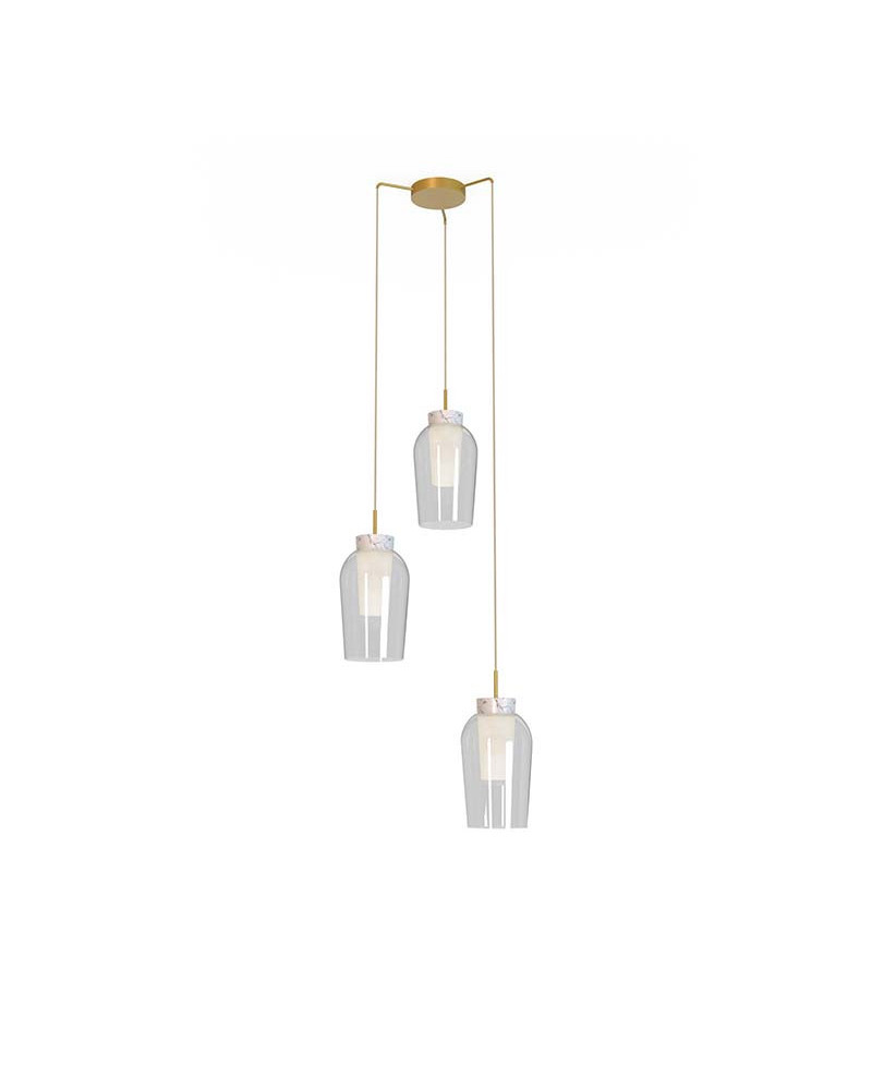 Lámpara de techo con 3 tulipas de cristal E27 max. 20W en acabado blanco o dorado con detalles en madera o mármol